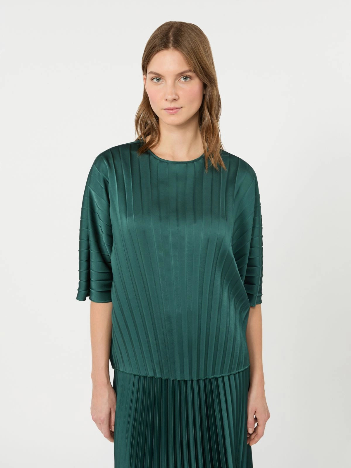 Max Mara Weekend Dark Green Loose Top in Pleated Satin