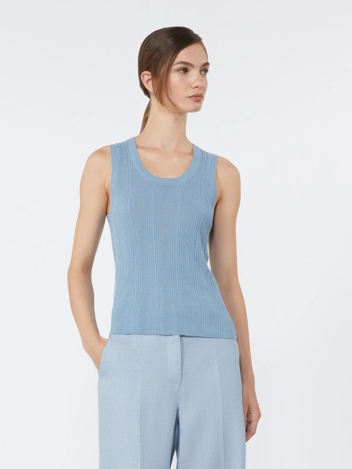 Max Mara Weekend Light Blue Viscose Yarn Sleeveless Jumper