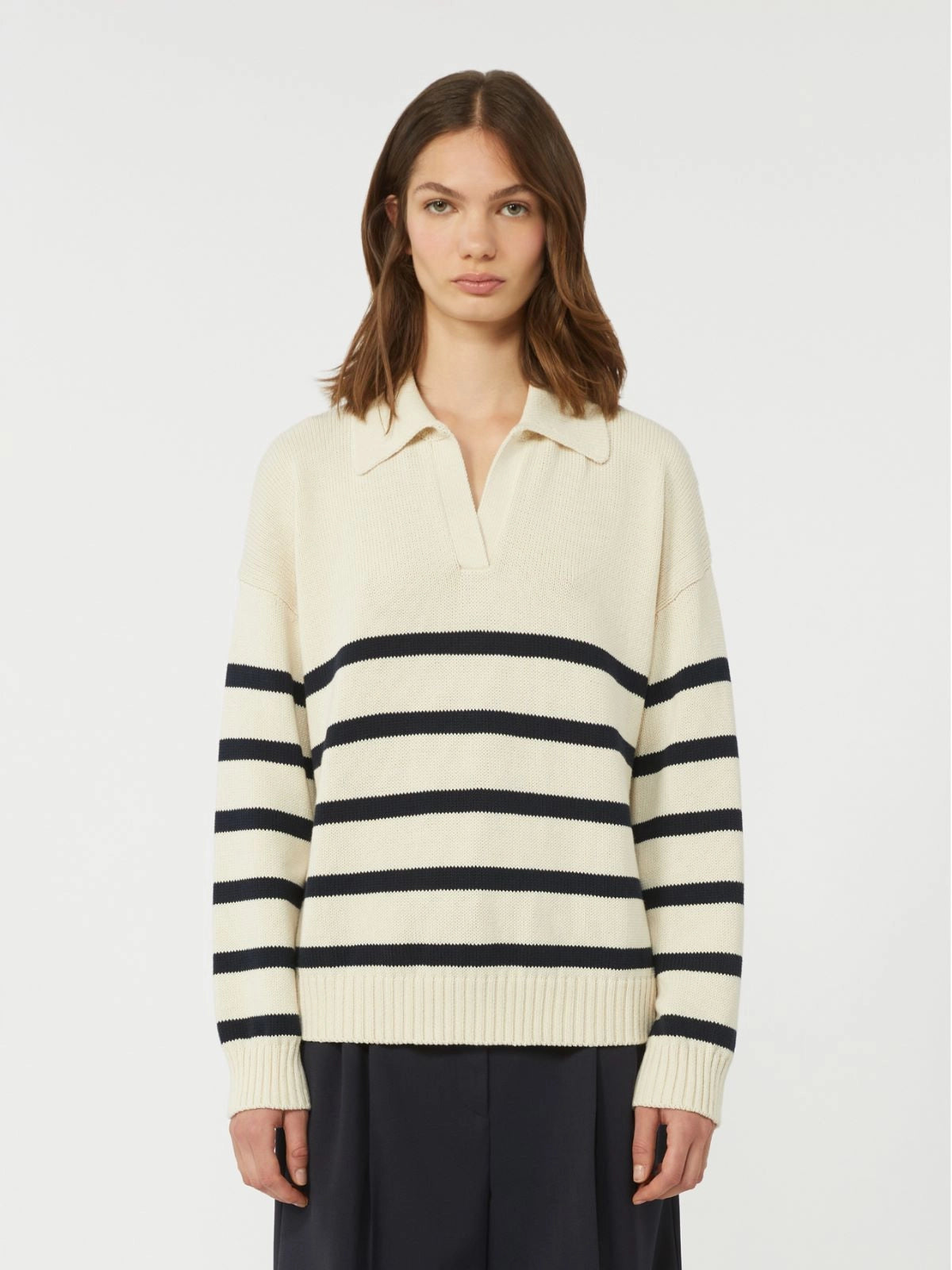 Max Mara Weekend Cream and Navy Cotton Polo Sweater