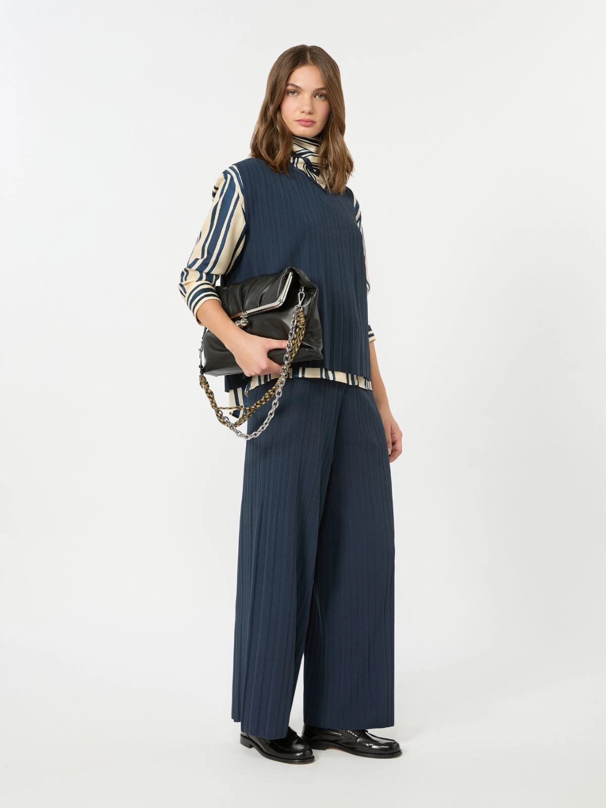 Max Mara Weekend Navy Plissé-Pleated Viscose Yarn Sweater
