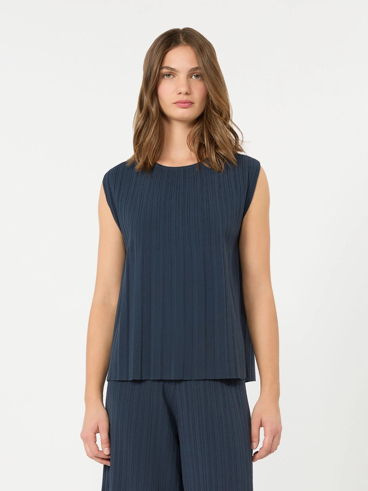 Max Mara Weekend Navy Plissé-Pleated Viscose Yarn Sweater