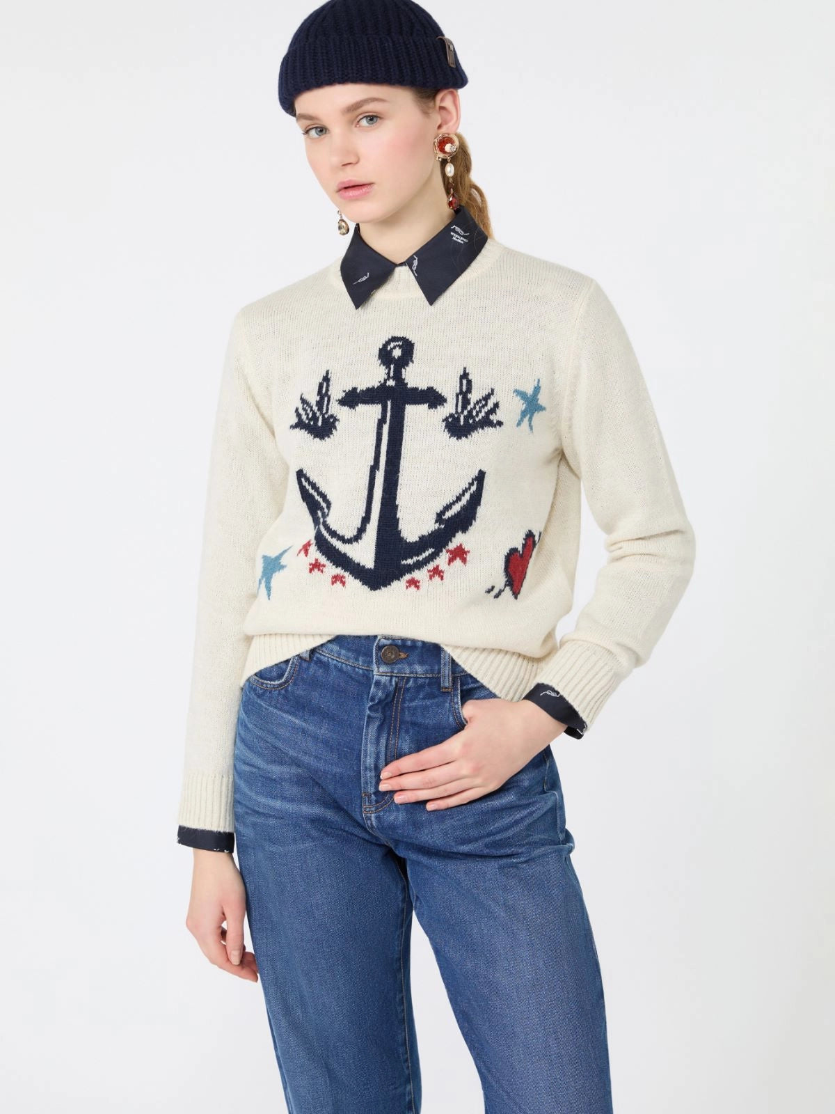 Max Mara Weekend Ice Anchor Motif Alpaca and Wool-Blend Sweater
