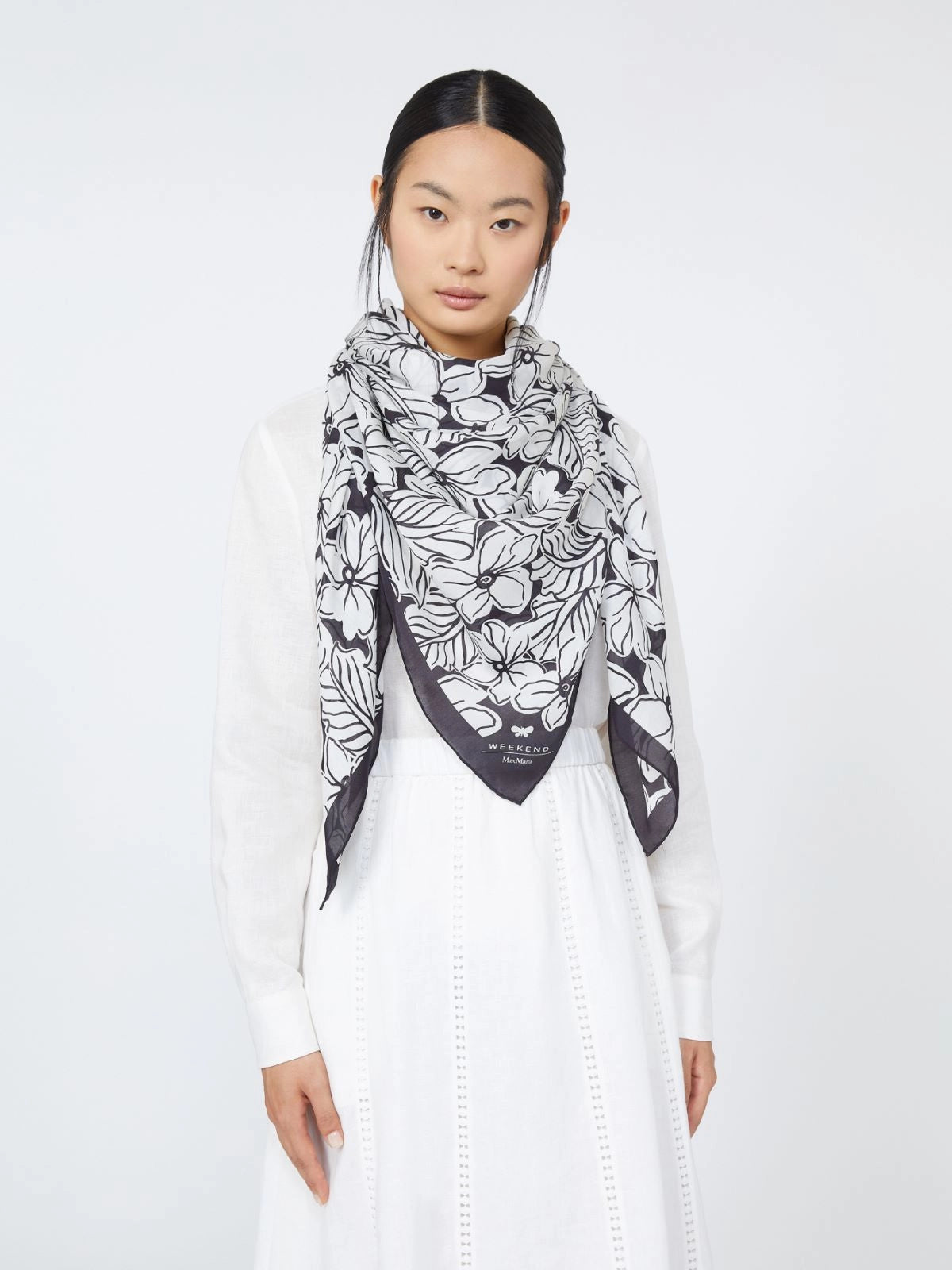 Max Mara Weekend White Floral Print Modal and Silk Maxi Square Scarf