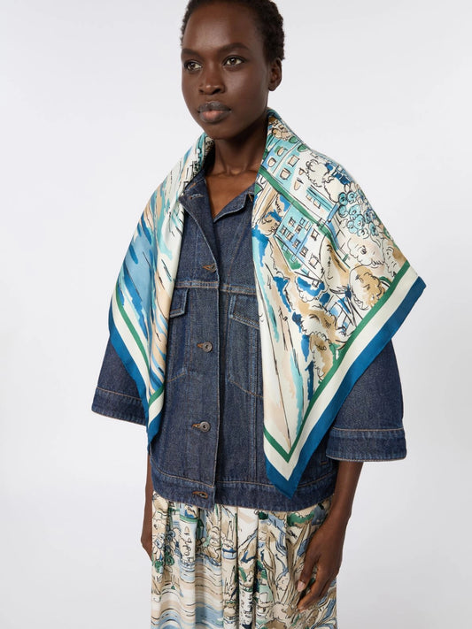 Max Mara Blue Printed Silk Scarf