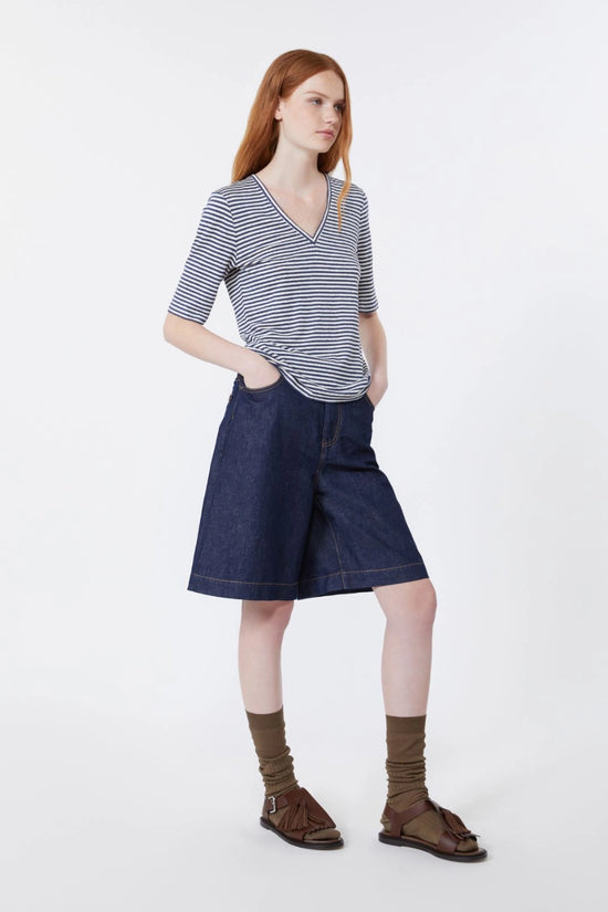 Max Mara Weekend Ultramarine Striped Stretch Linen Jersey V Neck T-Shirt