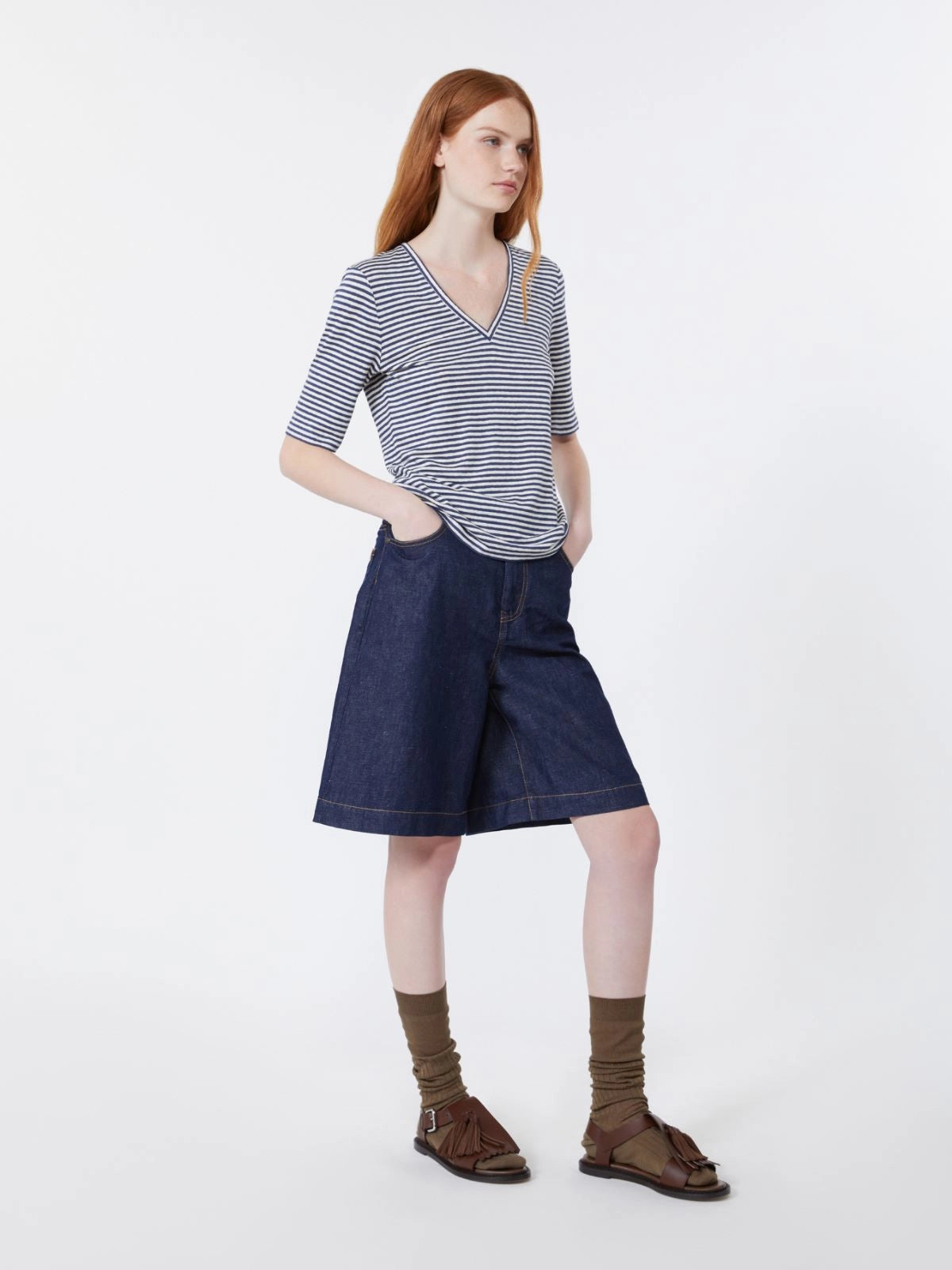 Max Mara Weekend Ultramarine Striped Stretch Linen Jersey V Neck T-Shirt