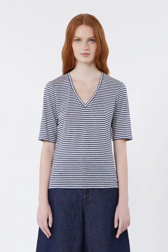 Max Mara Weekend Ultramarine Striped Stretch Linen Jersey V Neck T-Shirt