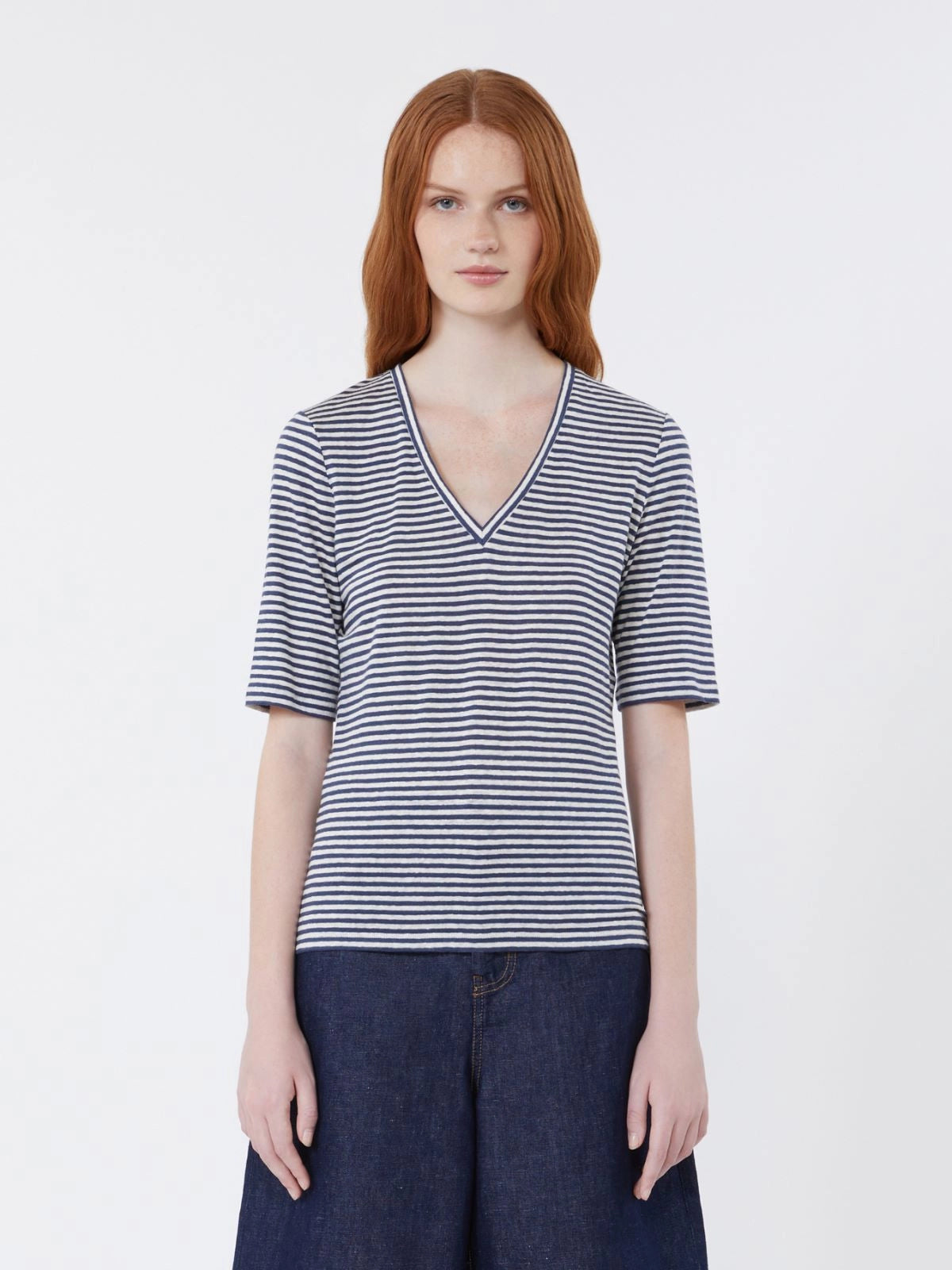 Max Mara Weekend Ultramarine Striped Stretch Linen Jersey V Neck T-Shirt