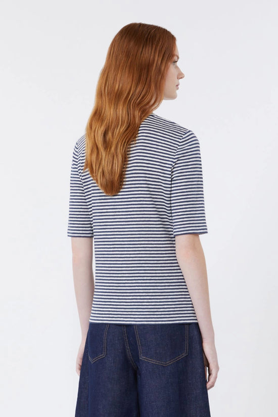 Max Mara Weekend Ultramarine Striped Stretch Linen Jersey V Neck T-Shirt