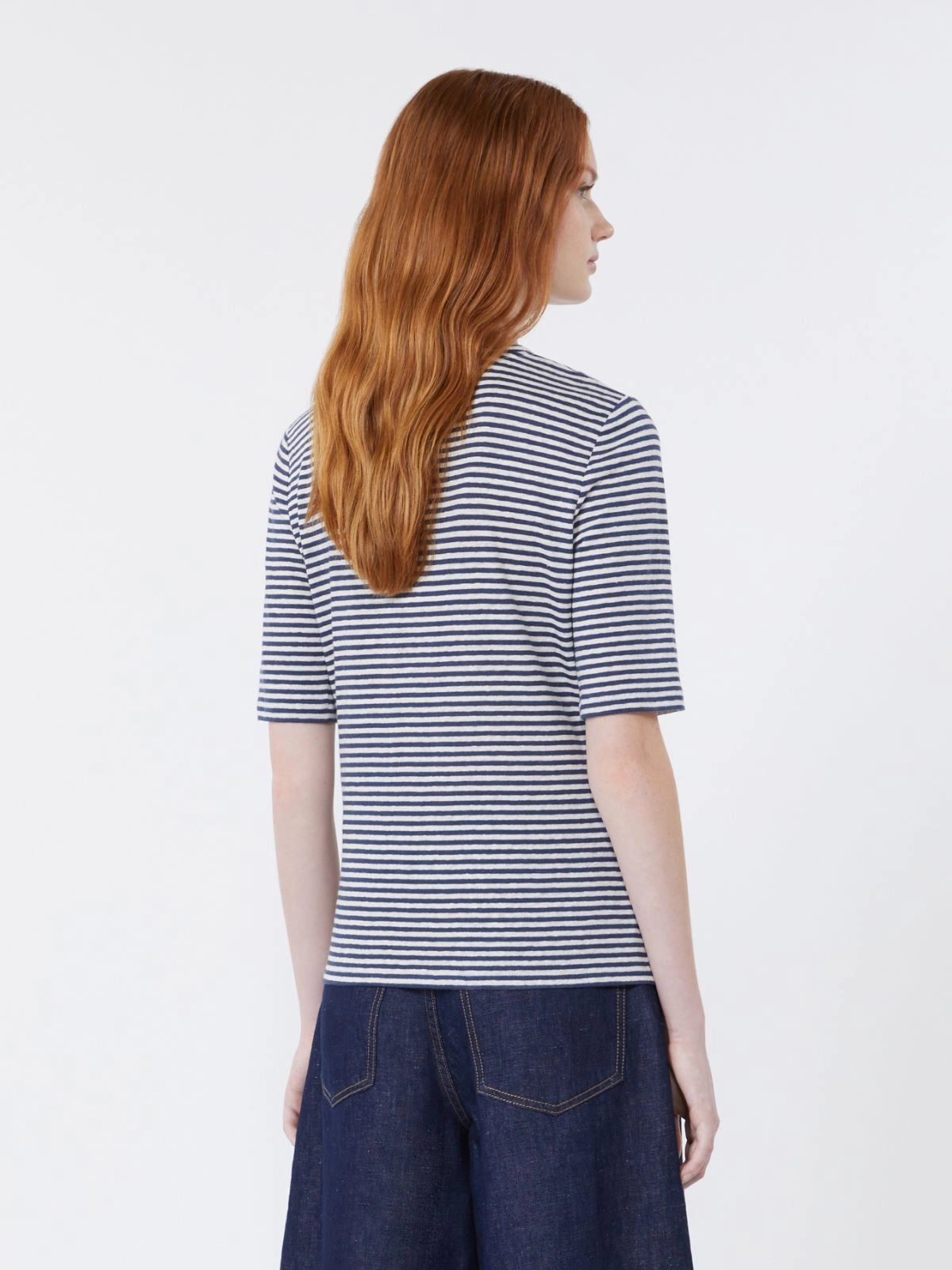 Max Mara Weekend Ultramarine Striped Stretch Linen Jersey V Neck T-Shirt