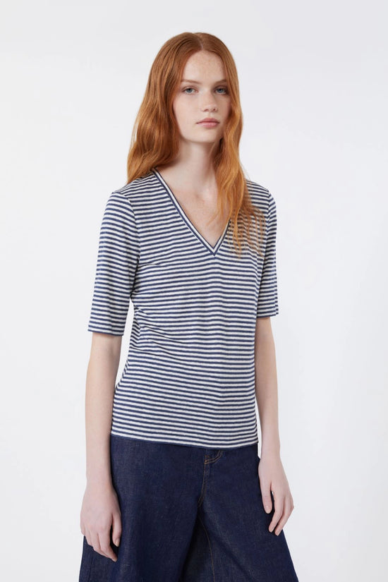 Max Mara Weekend Ultramarine Striped Stretch Linen Jersey V Neck T-Shirt