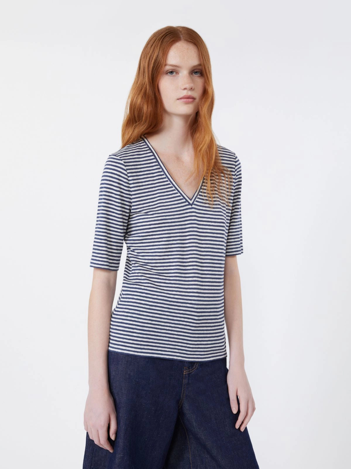 Max Mara Weekend Ultramarine Striped Stretch Linen Jersey V Neck T-Shirt