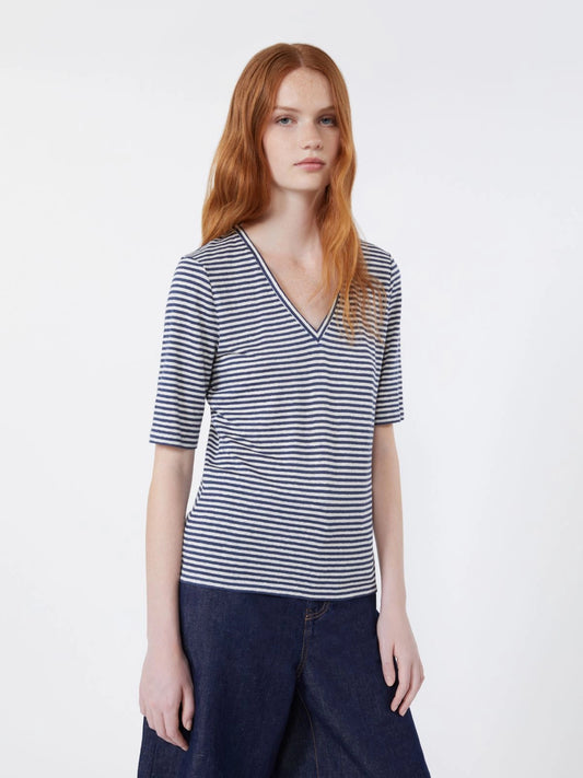 Max Mara Weekend Ultramarine Striped Stretch Linen Jersey V Neck T-Shirt WKDOPZIONE