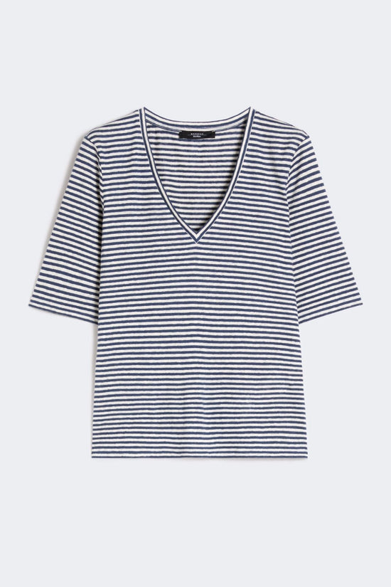 Max Mara Weekend Ultramarine Striped Stretch Linen Jersey V Neck T-Shirt