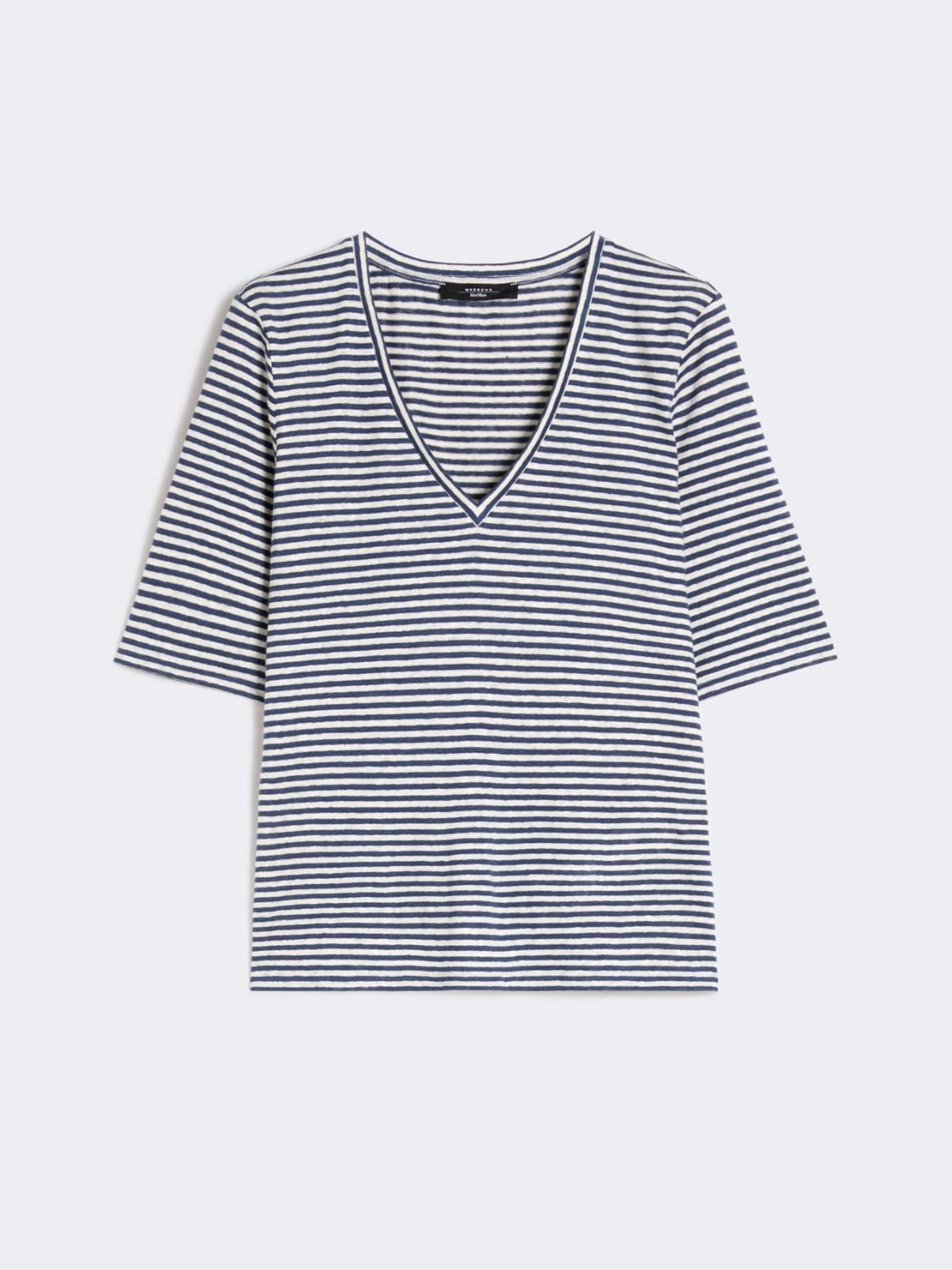 Max Mara Weekend Ultramarine Striped Stretch Linen Jersey V Neck T-Shirt