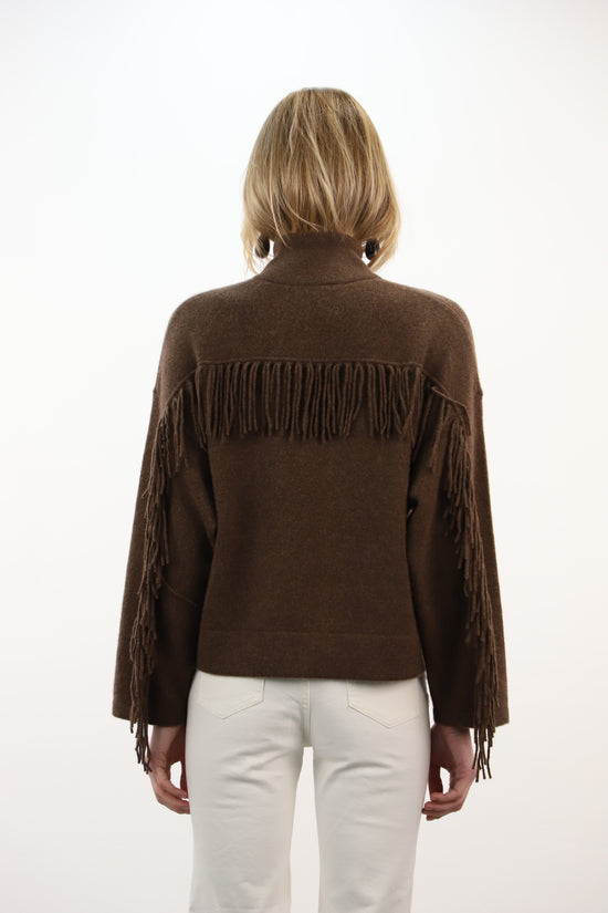 Estheme Cashmere Mocca High Neck Zip Cardigan – Buttoned Flap Pockets & Fringe Detail