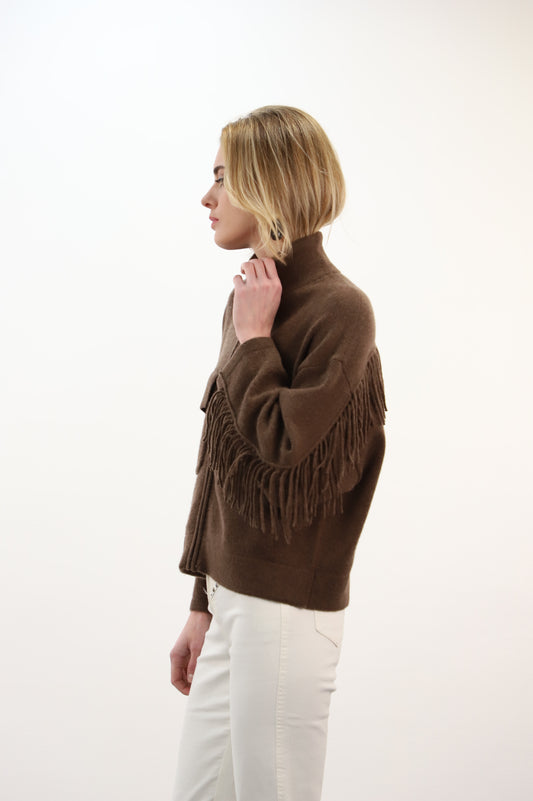 Estheme Cashmere Mocca High Neck Zip Cardigan – Buttoned Flap Pockets & Fringe Detail