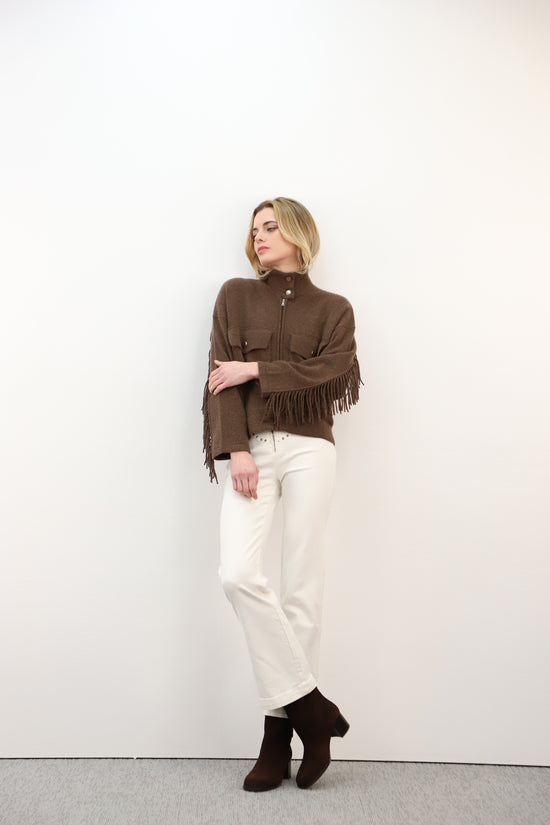 Estheme Cashmere Mocca High Neck Zip Cardigan – Buttoned Flap Pockets & Fringe Detail