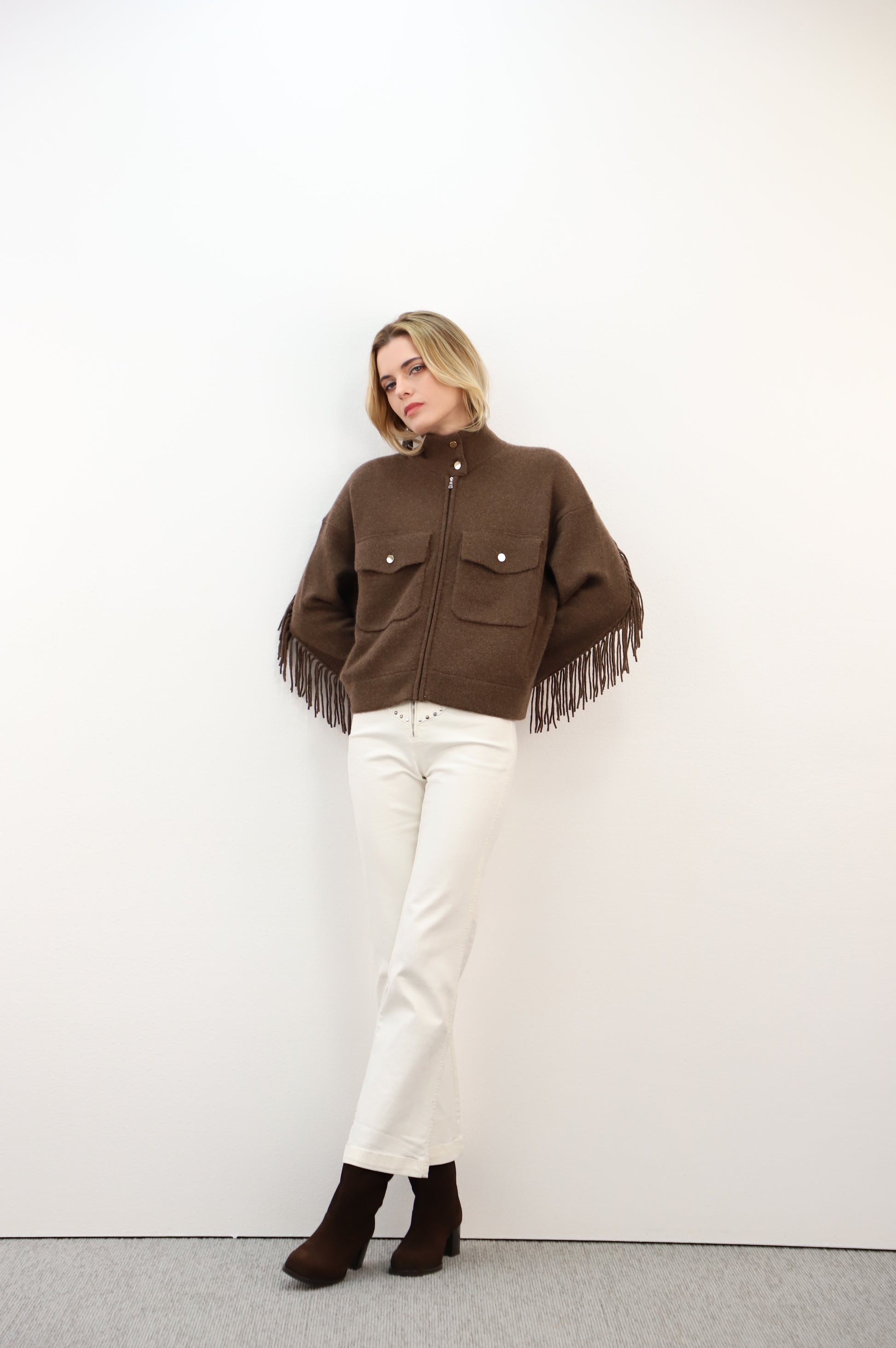 Estheme Cashmere Mocca High Neck Zip Cardigan – Buttoned Flap Pockets & Fringe Detail