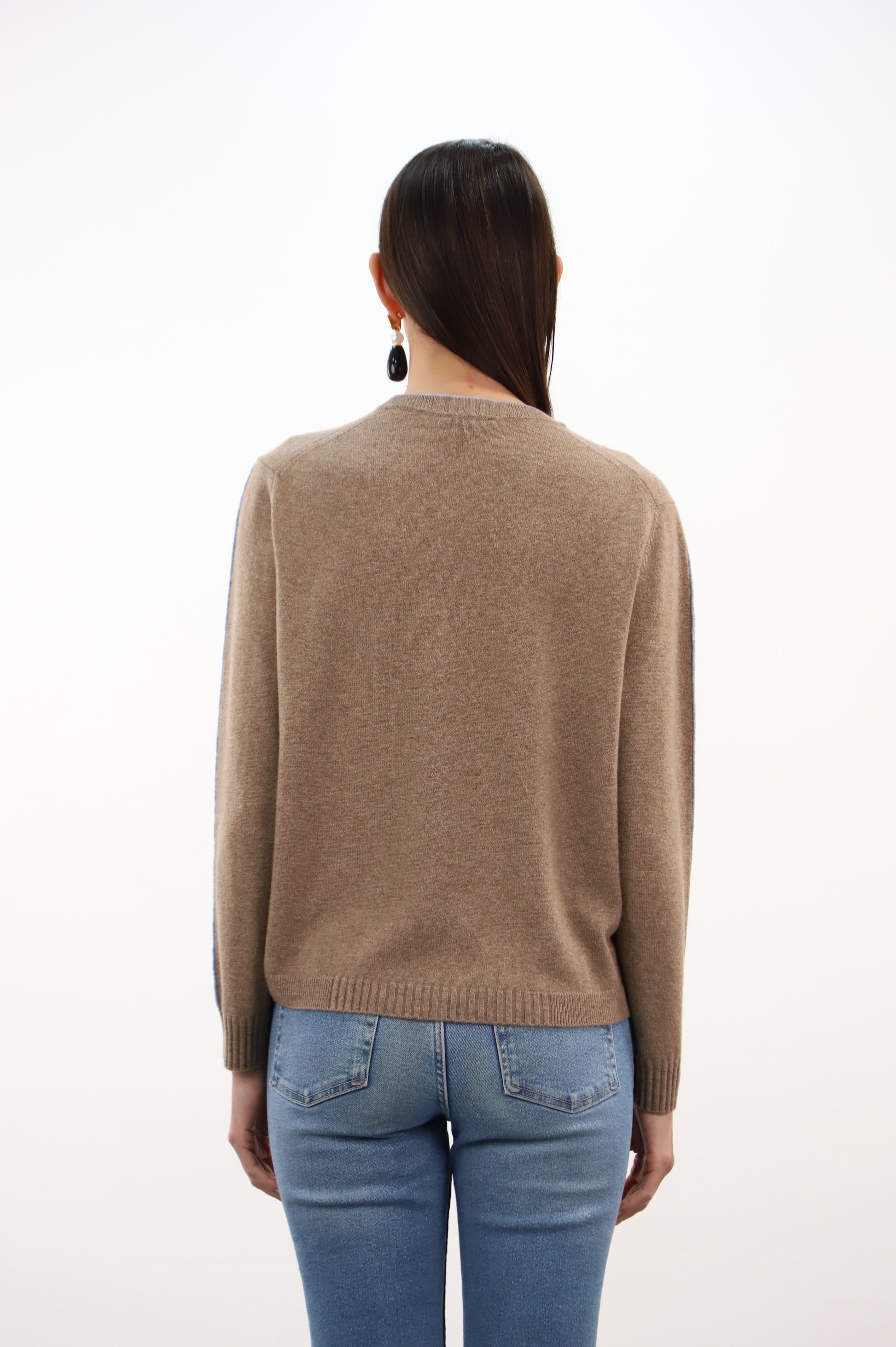 Estheme Cashmere Latte Crew Neck Sweater with Contrasting Stripe
