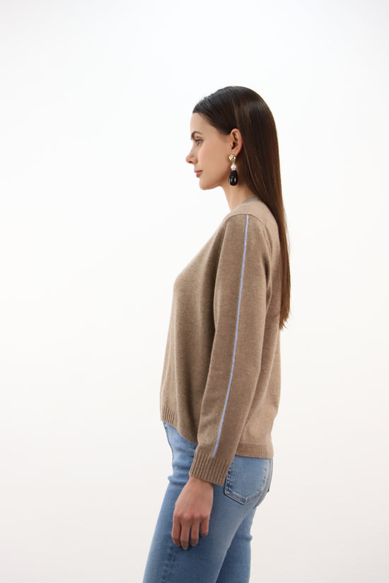 Estheme Cashmere Latte Crew Neck Sweater with Contrasting Stripe