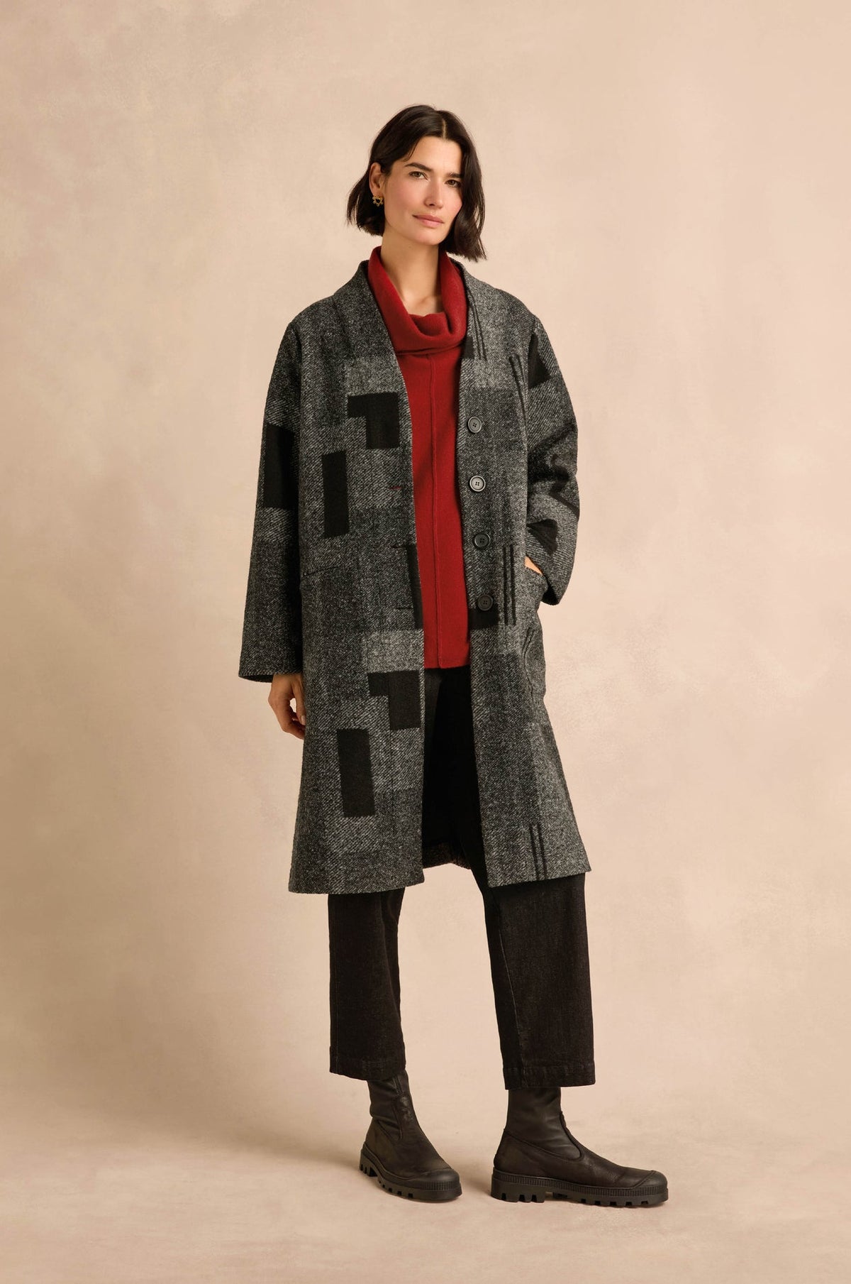 Sahara Grey/Black Melange Patchwork Wool Coat
