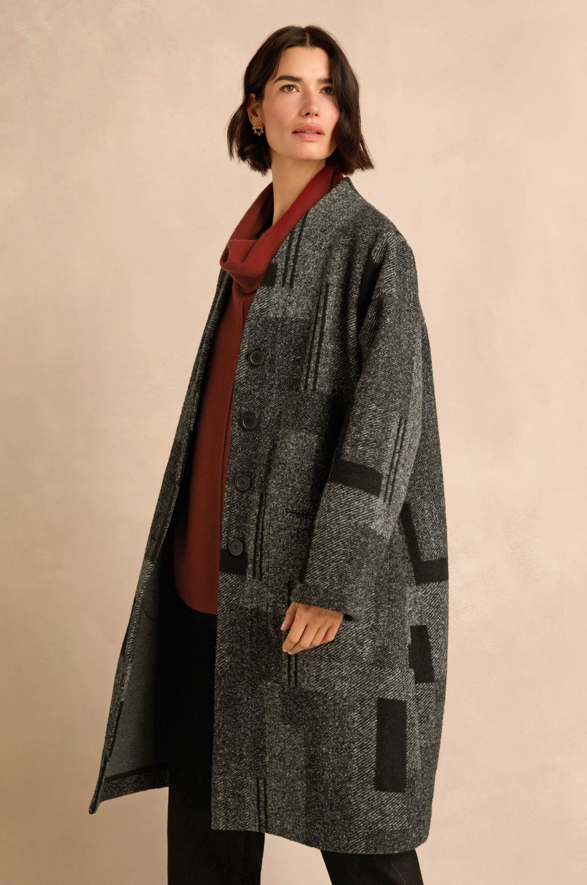 Sahara Grey/Black Melange Patchwork Wool Coat