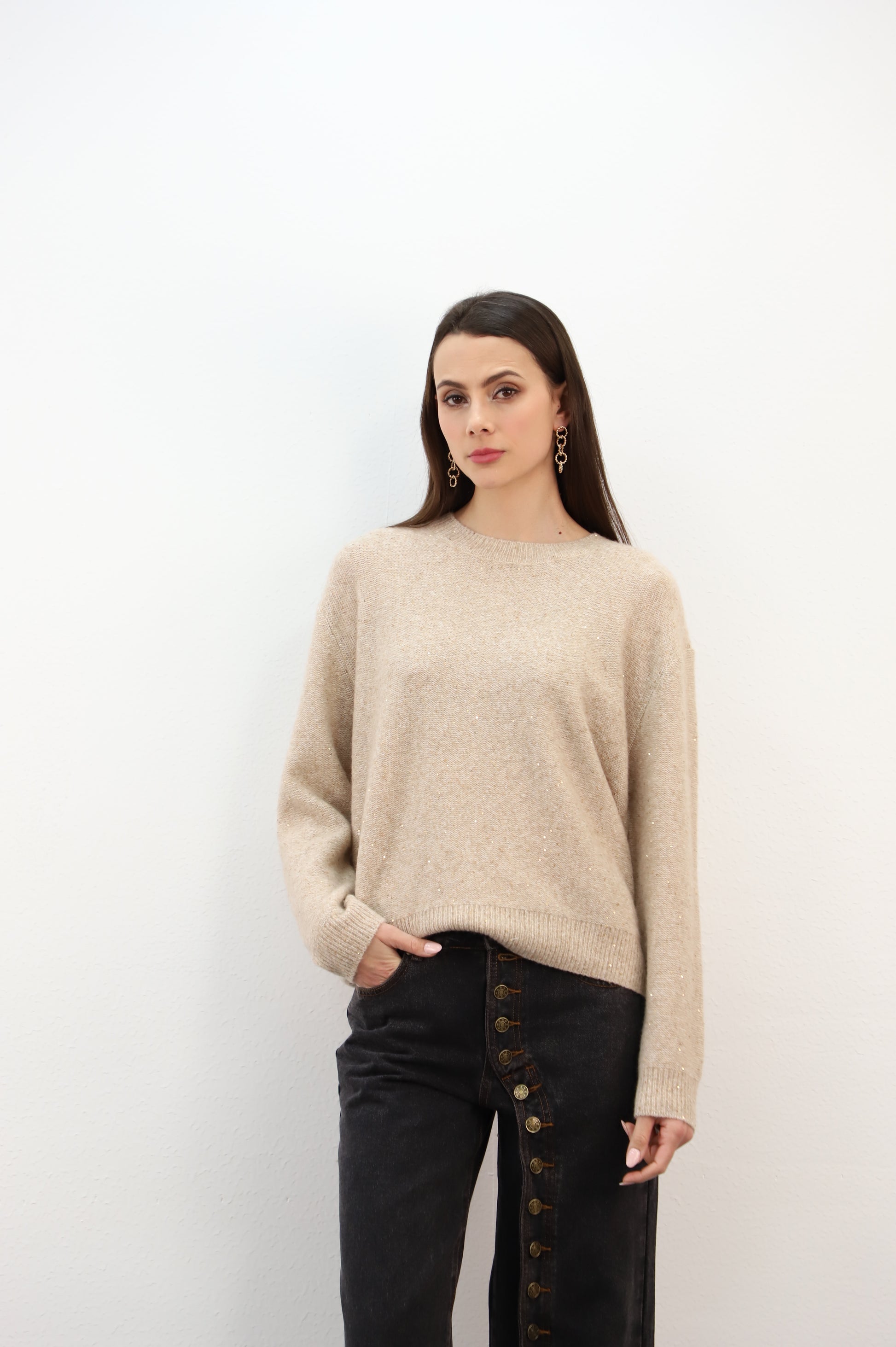 Estheme Cashmere Oat Cashmere Crew Neck Sweater – Sequin Detail 