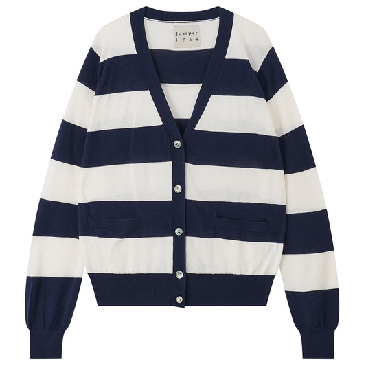Jumper 1234 Navy & Ivory Stripe V-Neck Cardigan ZNC26-5012