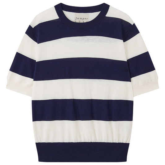 Jumper 1234 Navy & Ivory Bold Stripe Short Sleeve Crew Neck Sweater ZNC26-5052