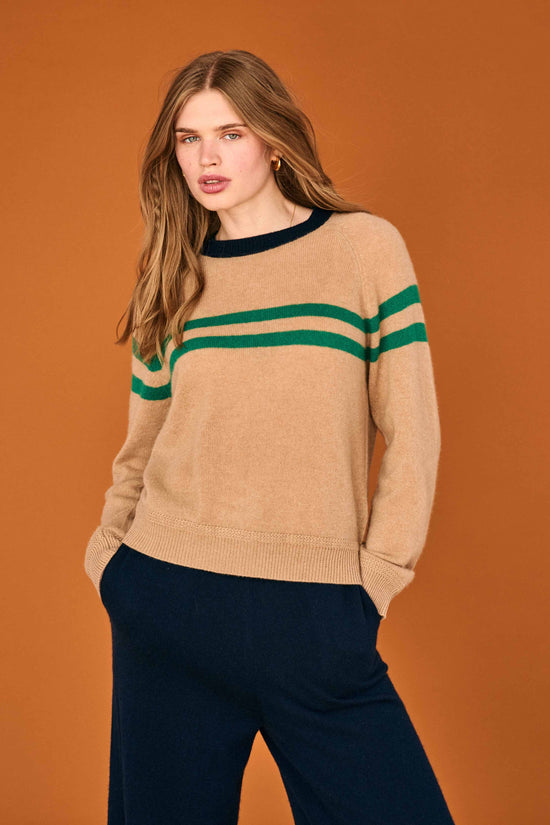 Jumper 1234 Sand Cashmere Crew Neck Jumper with Green Stripe
