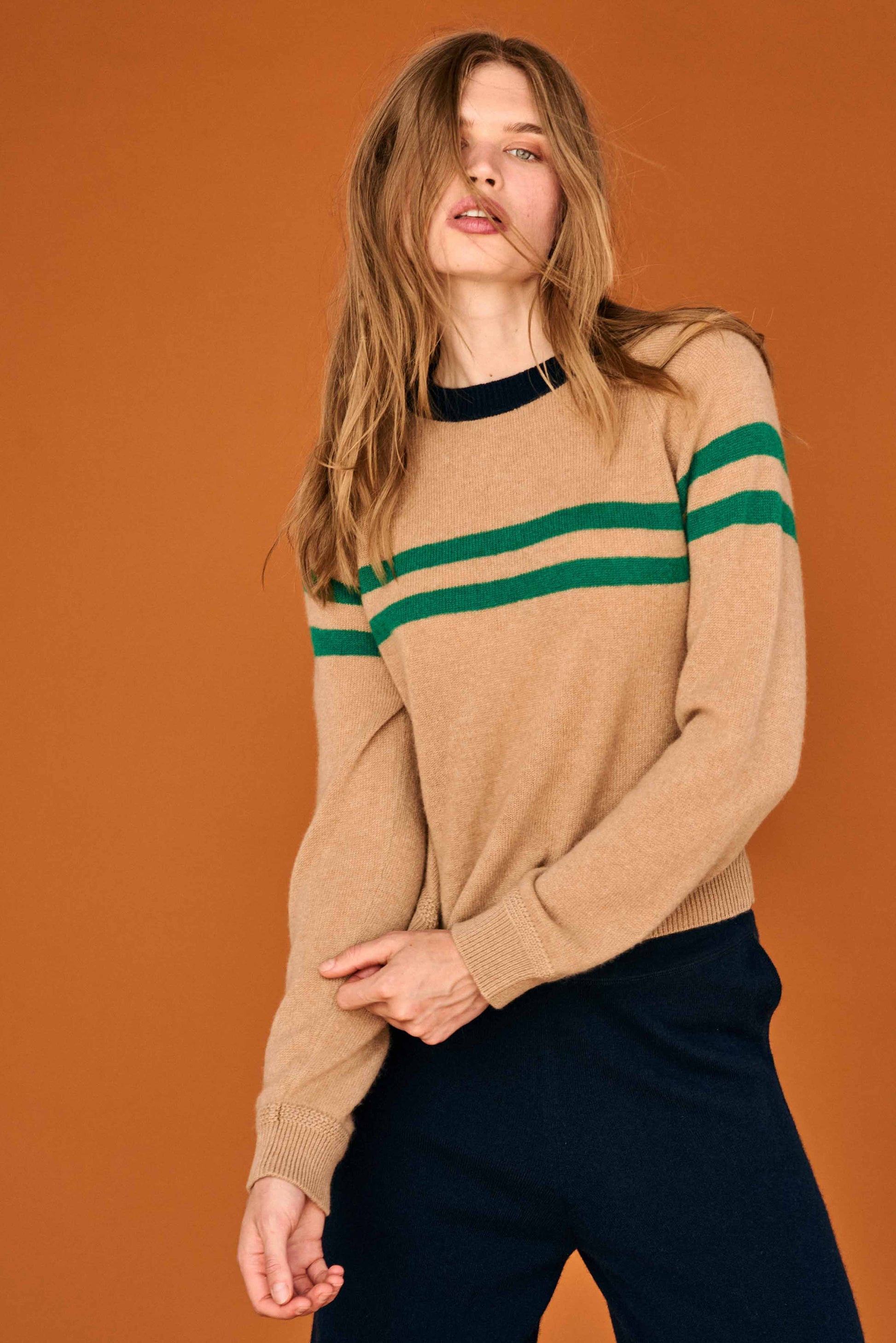 Jumper 1234 Sand Cashmere Crew Neck Jumper with Green Stripe