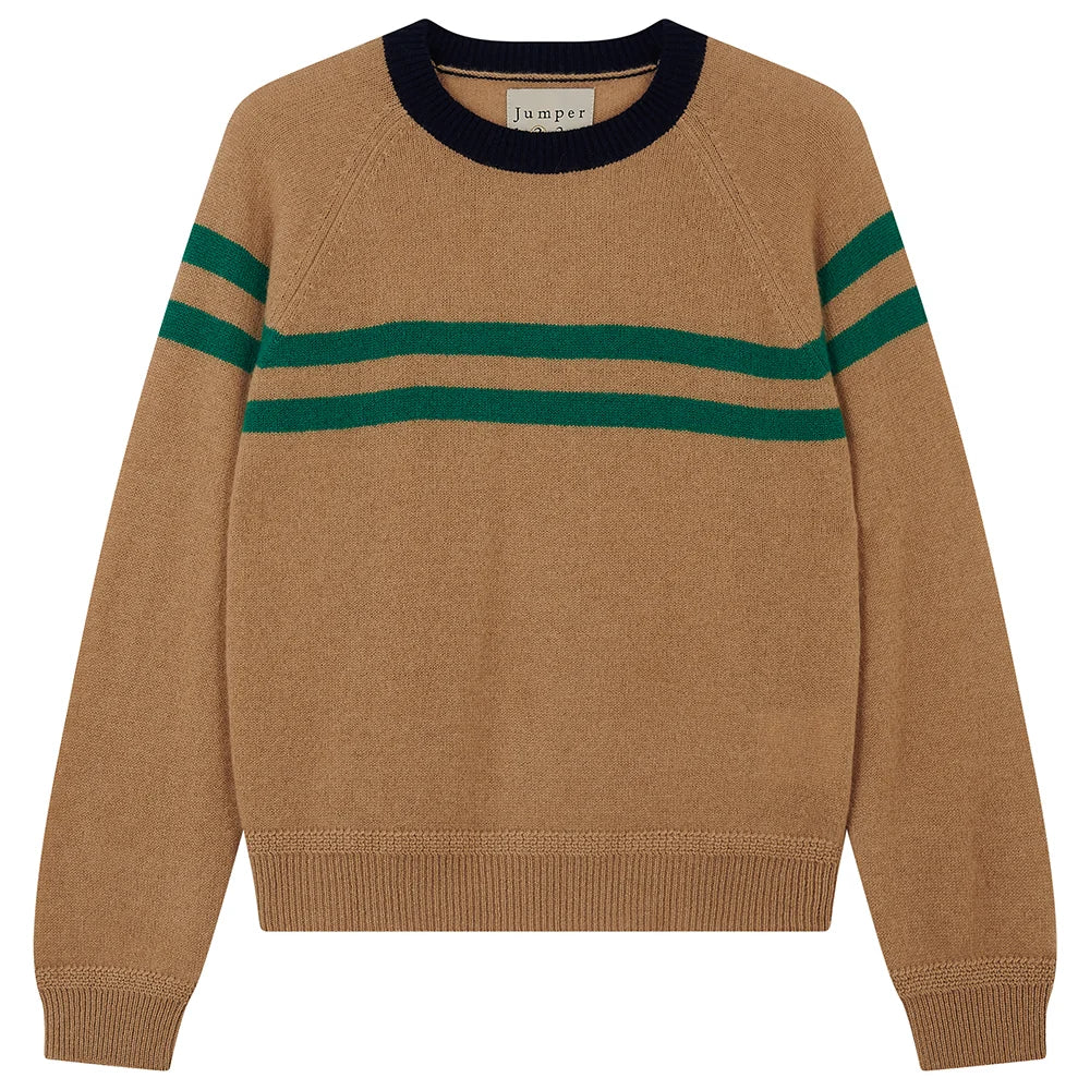 Jumper 1234 Sand Cashmere Crew Neck Jumper with Green Stripe