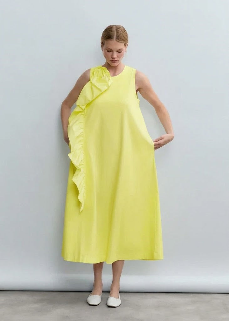 Psophia Lemon Sculptural Rosette Mercerized Cotton Midi Dress