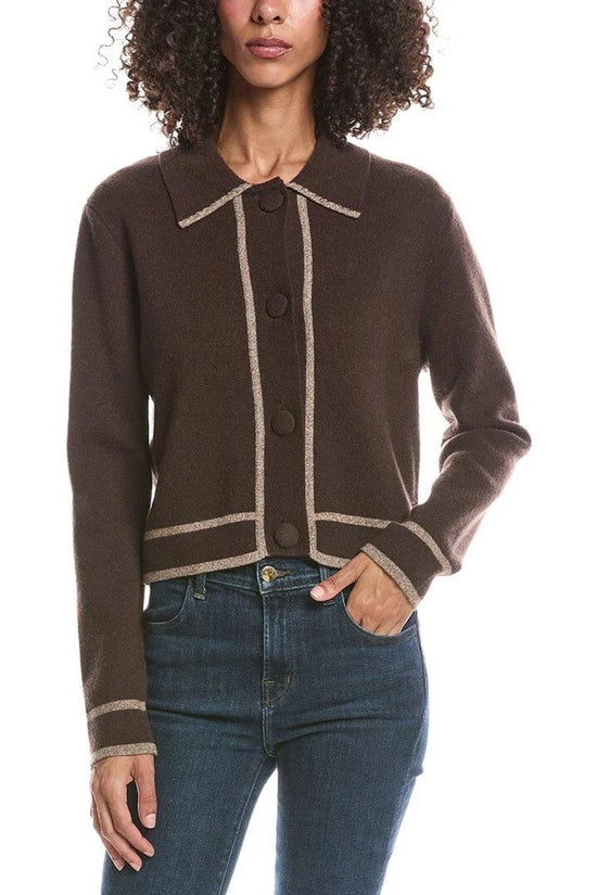 Brodie Adeline Brown Fitted Cashmere Blend Knit Jacket with Lapel Collar