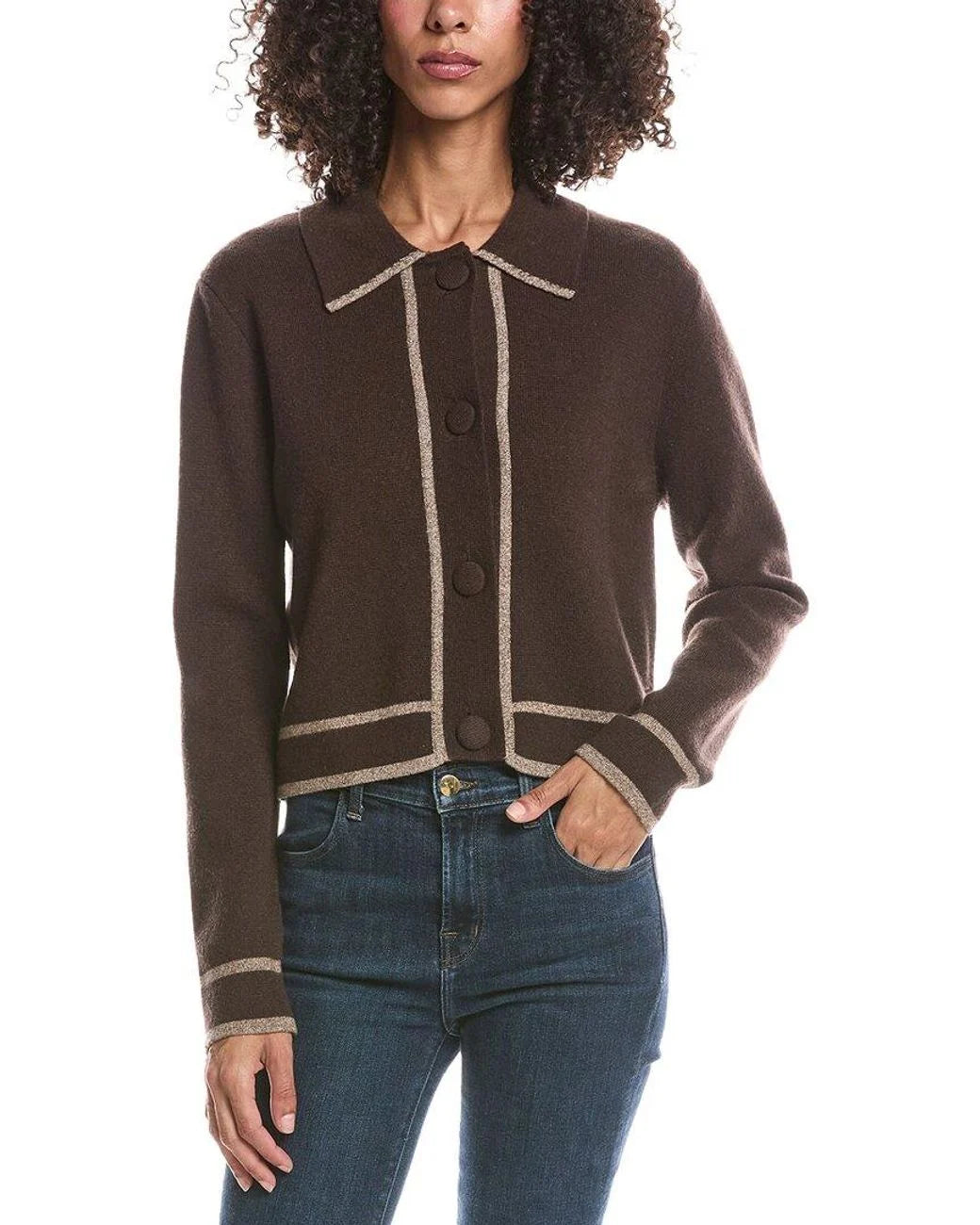Brodie Adeline Brown Fitted Cashmere Blend Knit Jacket with Lapel Collar