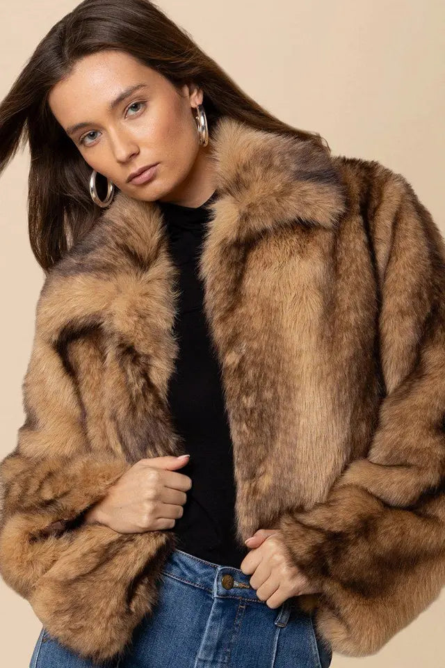 Hale Bob Beige Faux Fur Cropped Jacket 68PC750A
