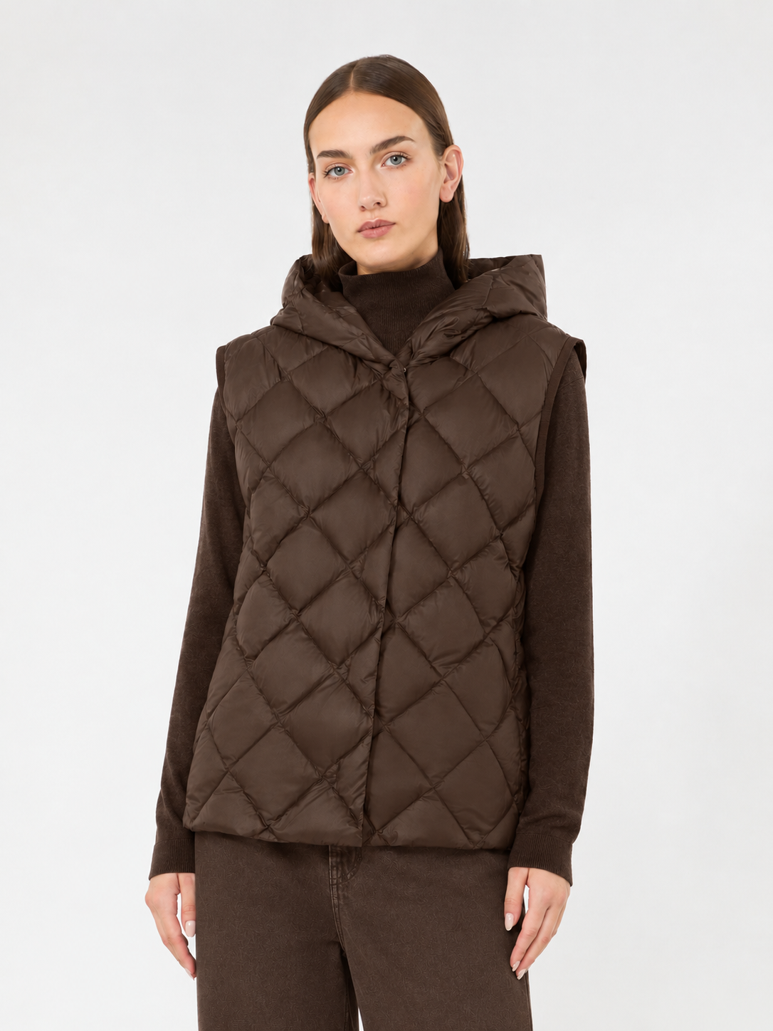 Max Mara Weekend Brown Water-Repellent Plain-Weave Fabric Padded Gilet