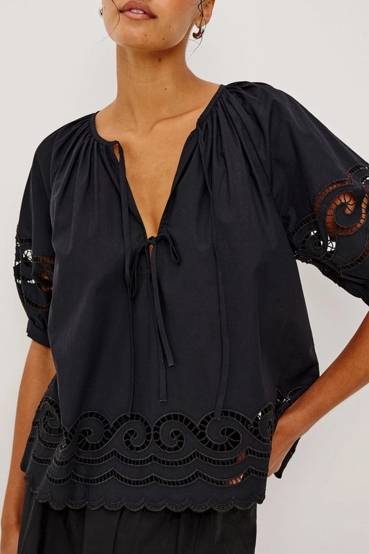 Rails Black Embroidered Cotton Top with Puff Sleeves & Scalloped Hem CATALENE