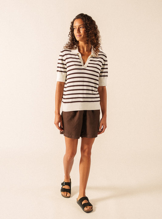 Saint James Foam/Espresso Striped Polo Sweater in Cotton and Cashmere COIMBRA 4620
