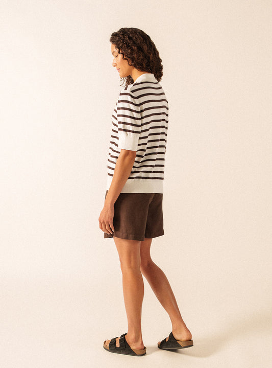 Saint James Foam/Espresso Striped Polo Sweater in Cotton and Cashmere COIMBRA 4620