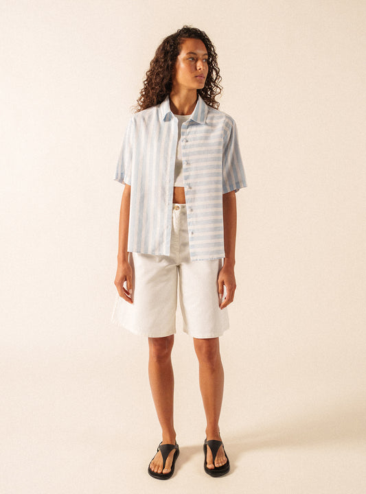 Saint James Blue and White Striped Cotton and Linen Shirt ALMA MC 4634