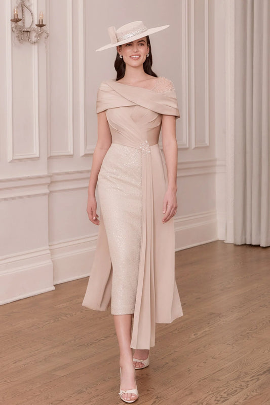 John Charles Oyster Asymmetric Pleated Bodice Midi Dress