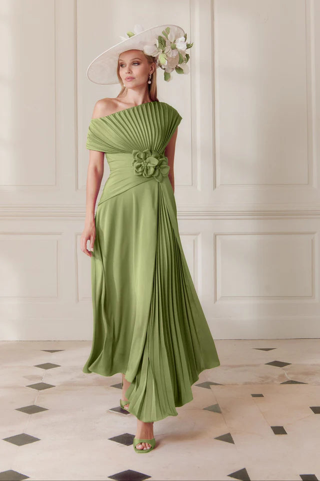 John Charles Fern Vertical Pleated Off- Shoulder Midi Asymmetrical Dress