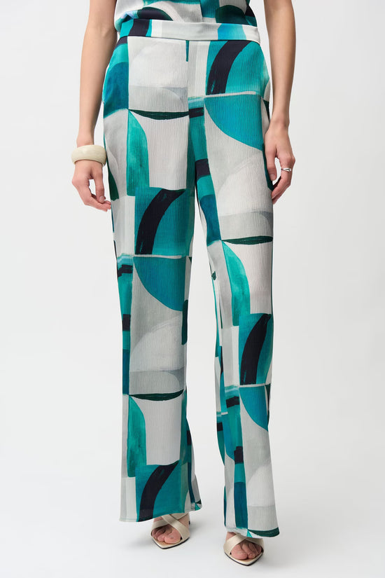 Joseph Ribkoff Green Patterned Mid-Rise Wide Leg Trousers