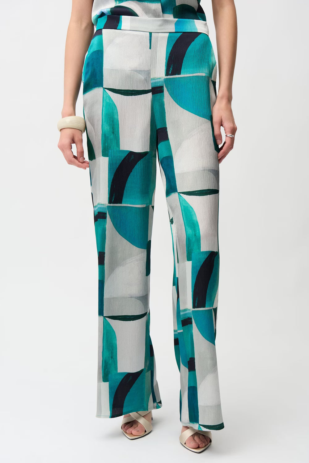 Joseph Ribkoff Green Patterned Mid-Rise Wide Leg Trousers