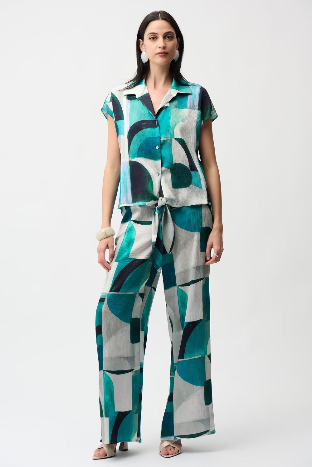 Joseph Ribkoff Green Patterned Mid-Rise Wide Leg Trousers