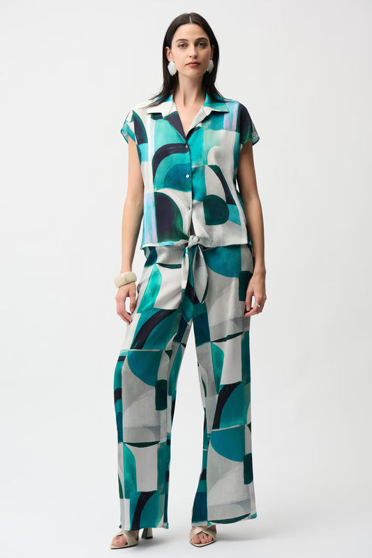Joseph Ribkoff Green Patterned Mid-Rise Wide Leg Trousers