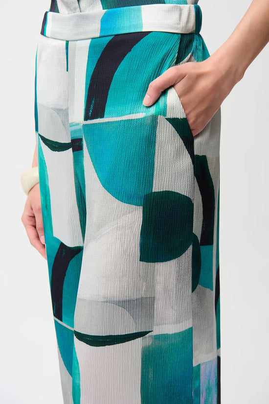 Joseph Ribkoff Green Patterned Mid-Rise Wide Leg Trousers