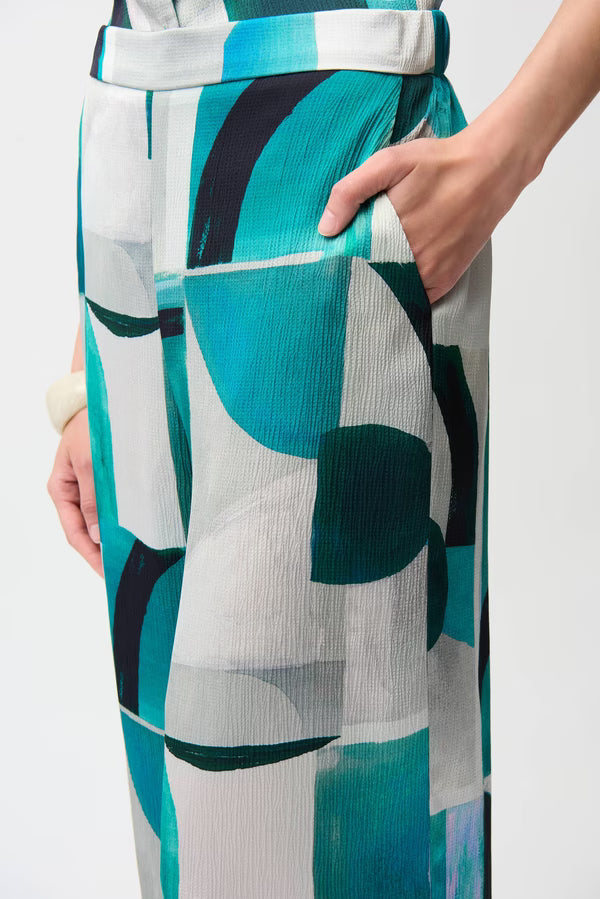 Joseph Ribkoff Green Patterned Mid-Rise Wide Leg Trousers